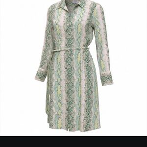 Equipment Green and Cream Snakeskin Patterned Long Sleeve Dress size M